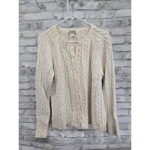 LL Bean Off-White Cotton Cable Knit Button Down Sweater Cardigan‎ Women XL Reg